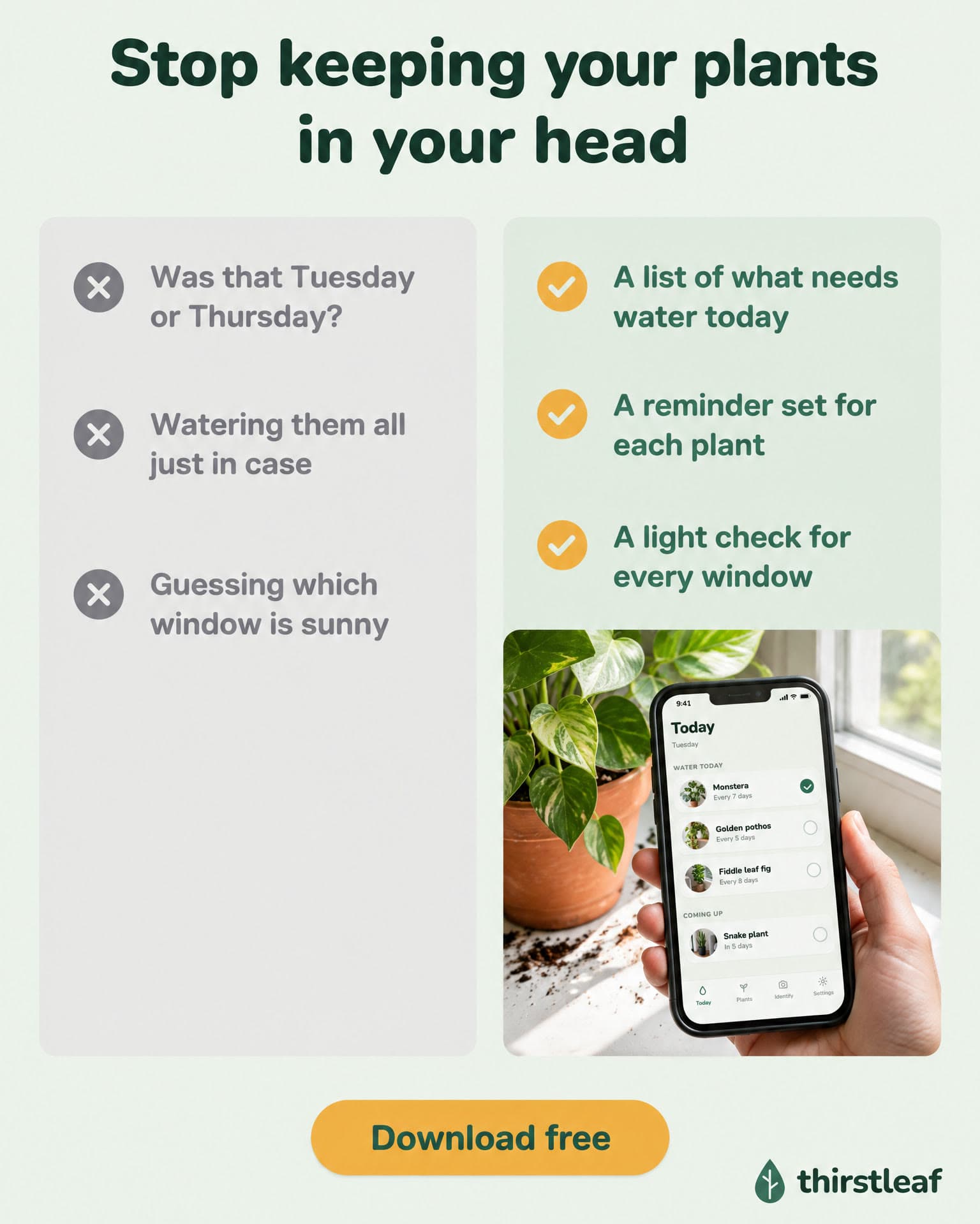 Two columns: three old habits crossed out beside three Thirstleaf features ticked, over a phone showing the Today screen. It reads: Stop keeping your plants in your head. Download free.
