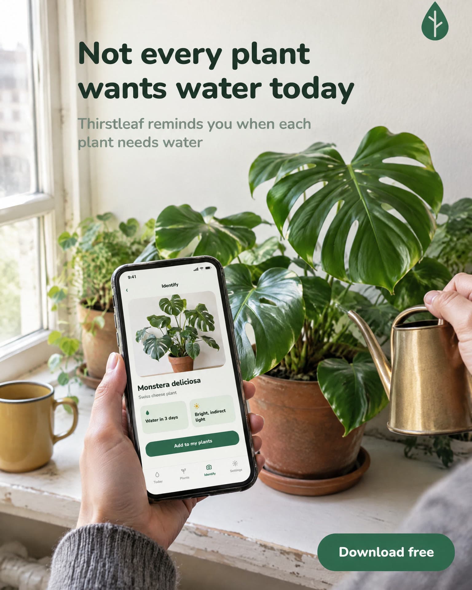 A hand holds a phone showing the Thirstleaf plant screen in front of a monstera on a windowsill, beside a small watering can. It reads: Not every plant wants water today. Thirstleaf reminds you when each plant needs water. Download free.
