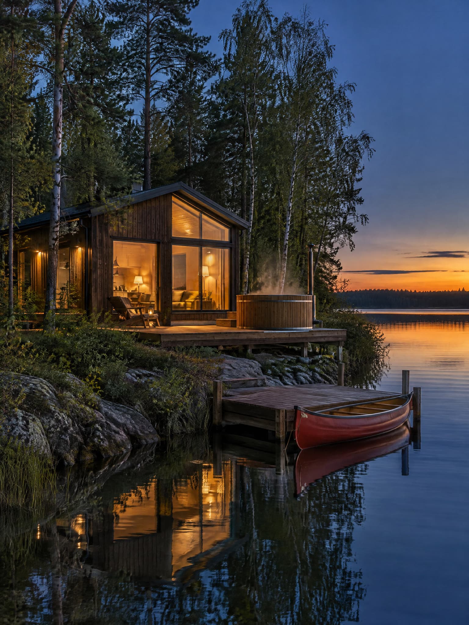 A Driftlight cabin at dusk on the lake shore.