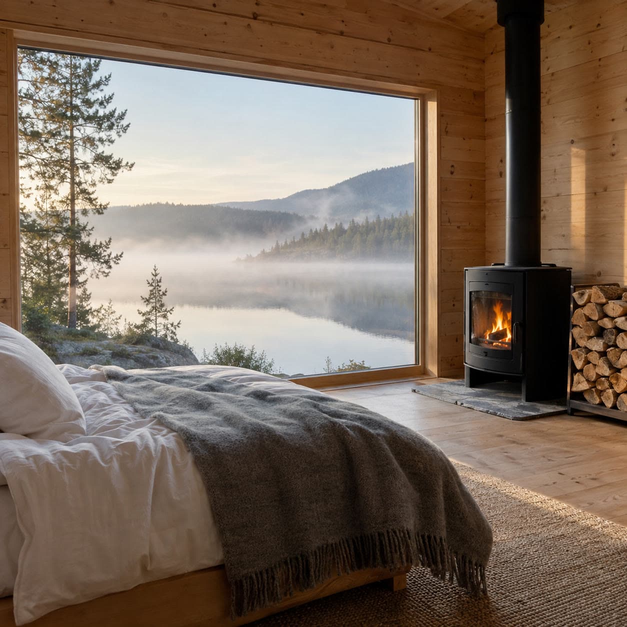 Inside a Driftlight cabin: a bed facing a window onto the misty lake.