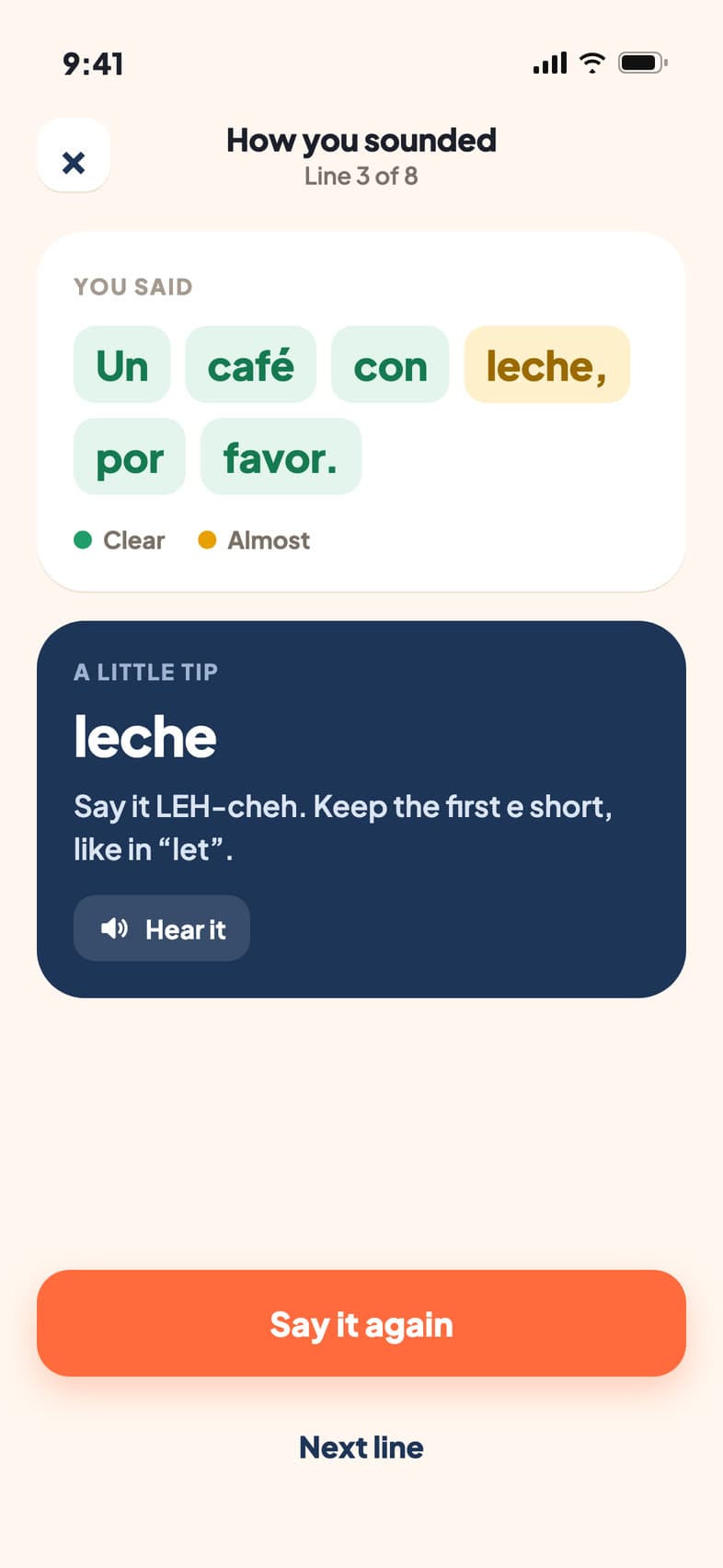 The Hablaloud app's pronunciation screen, each word marked clear or almost.