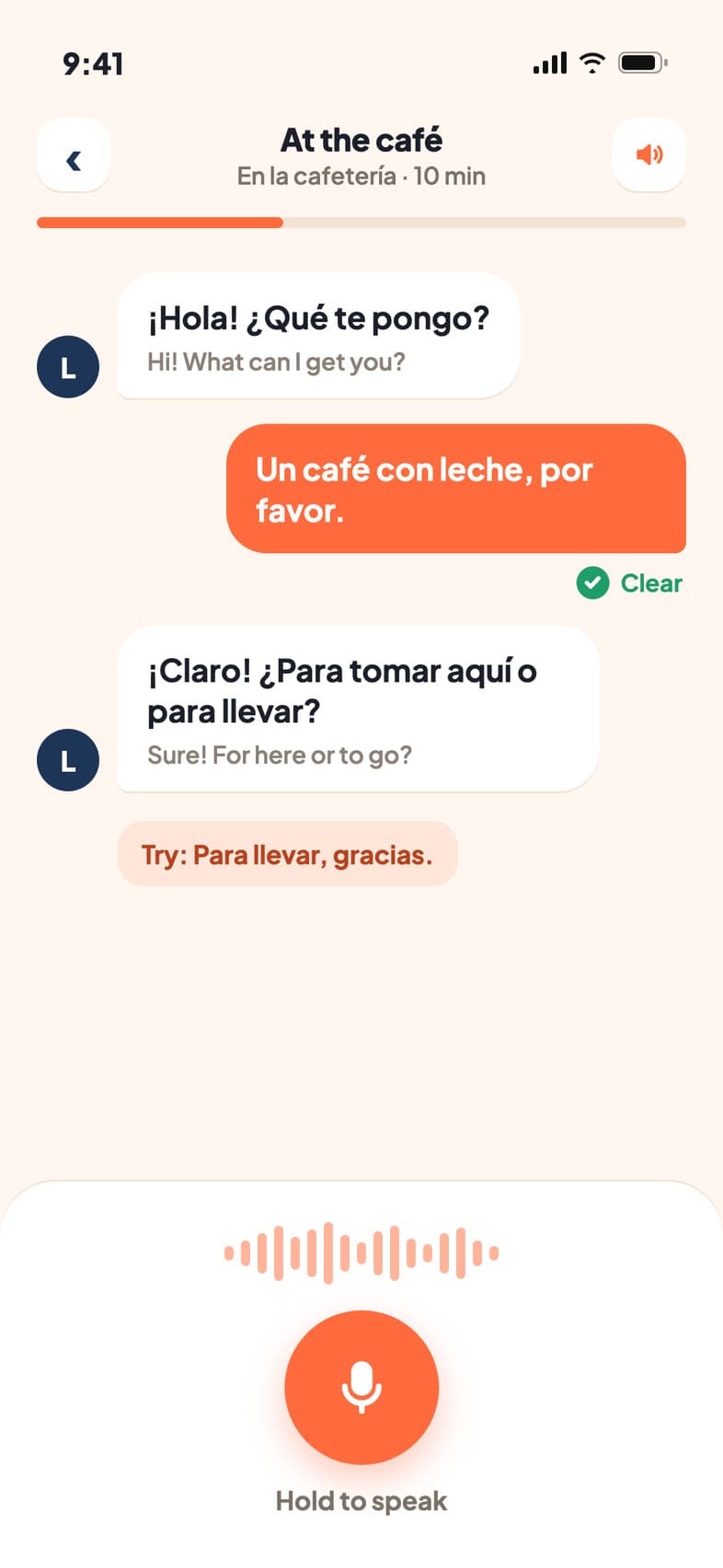 The Hablaloud app's conversation screen: a cafe conversation in Spanish.