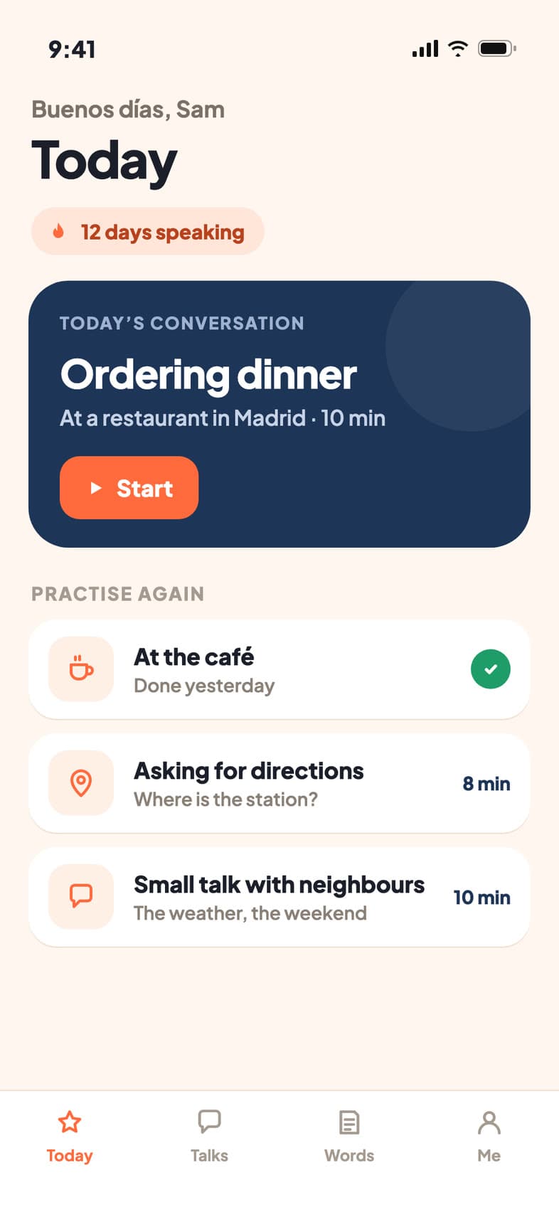 The Hablaloud app's Today screen, with today's ten-minute conversation.