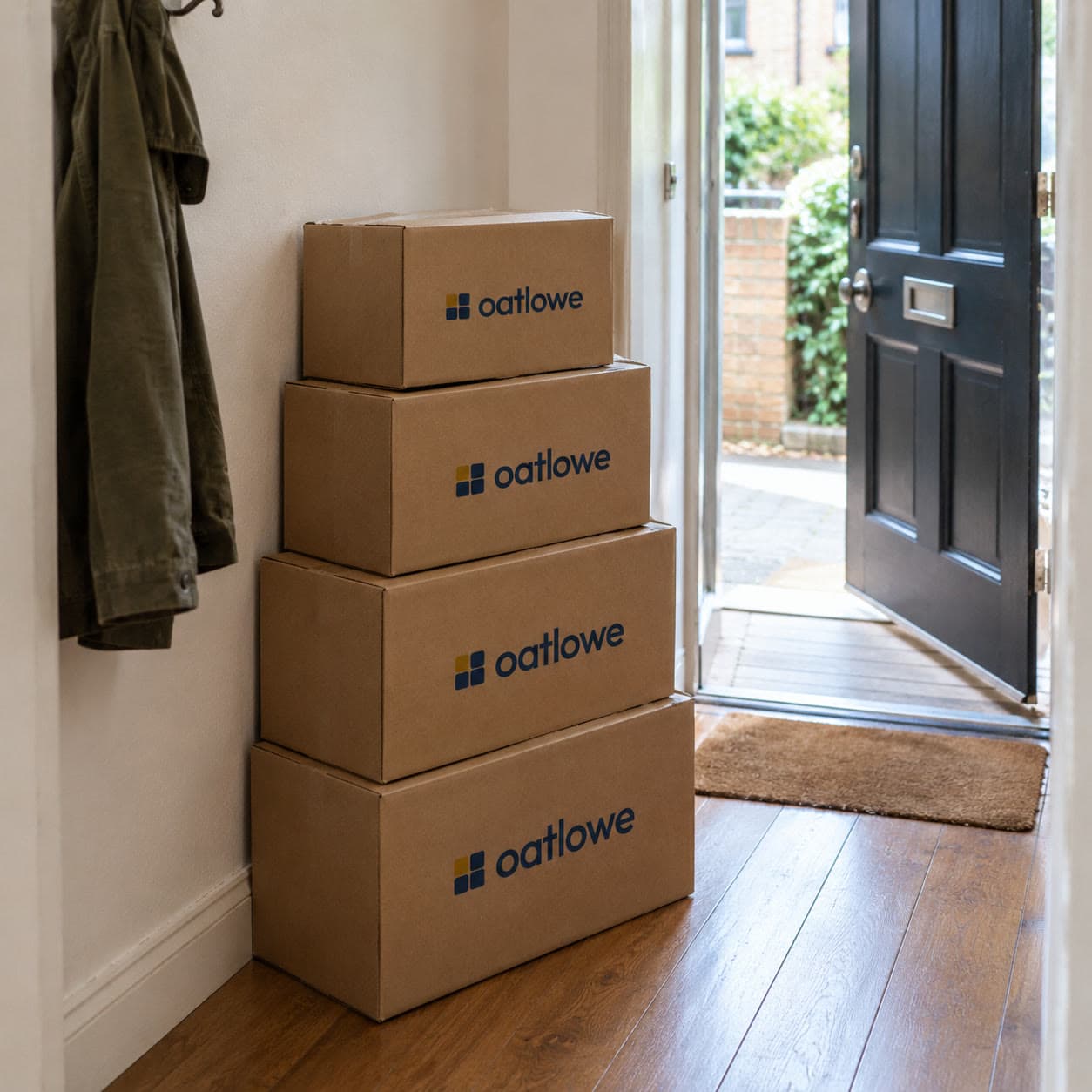 Four Oatlowe boxes stacked in a hallway by the front door.