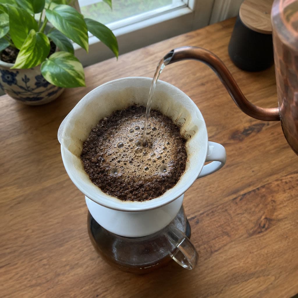 Hot water poured from a copper kettle onto coffee grounds blooming in a white dripper.