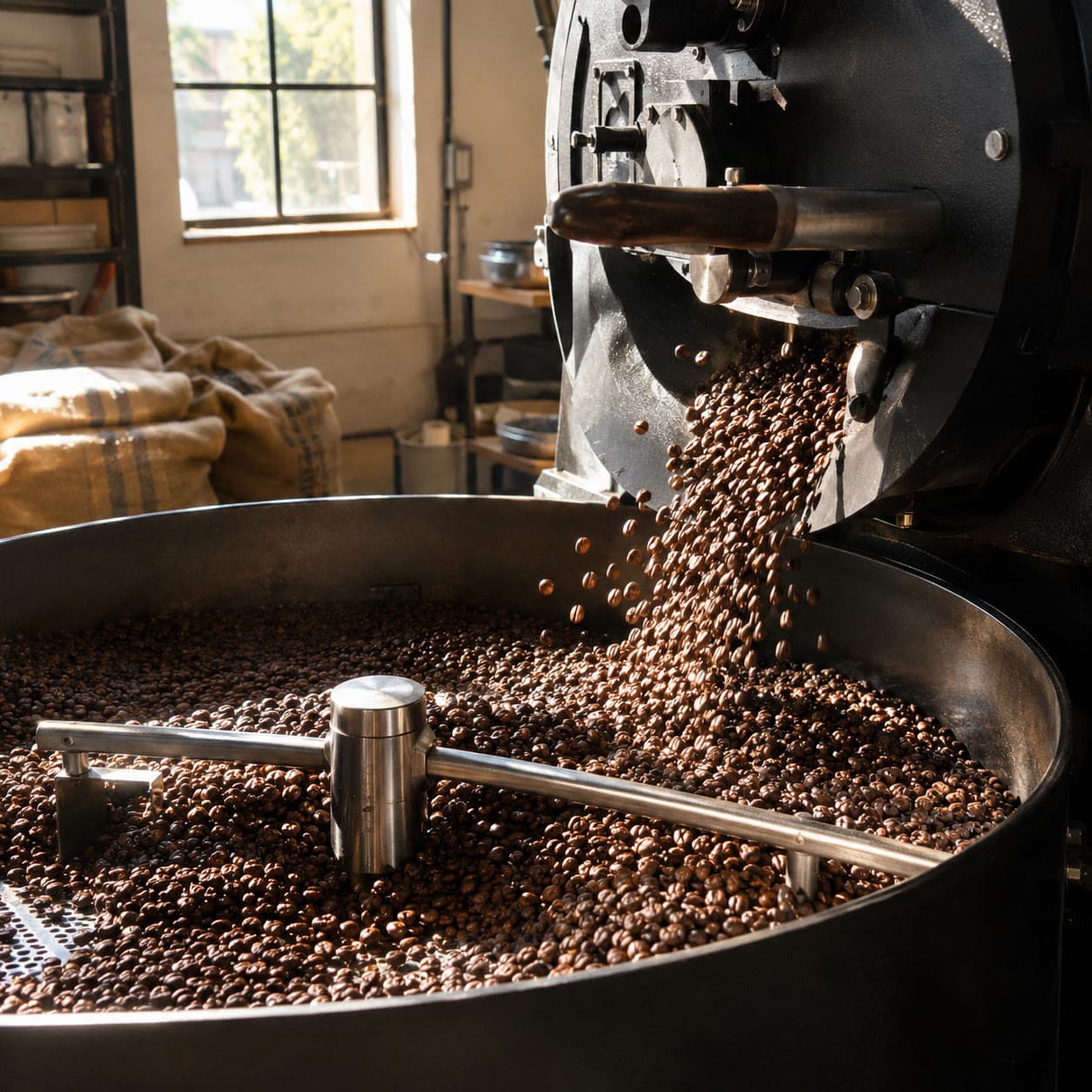 Freshly roasted beans tumbling into the cooling tray of a black drum roaster.