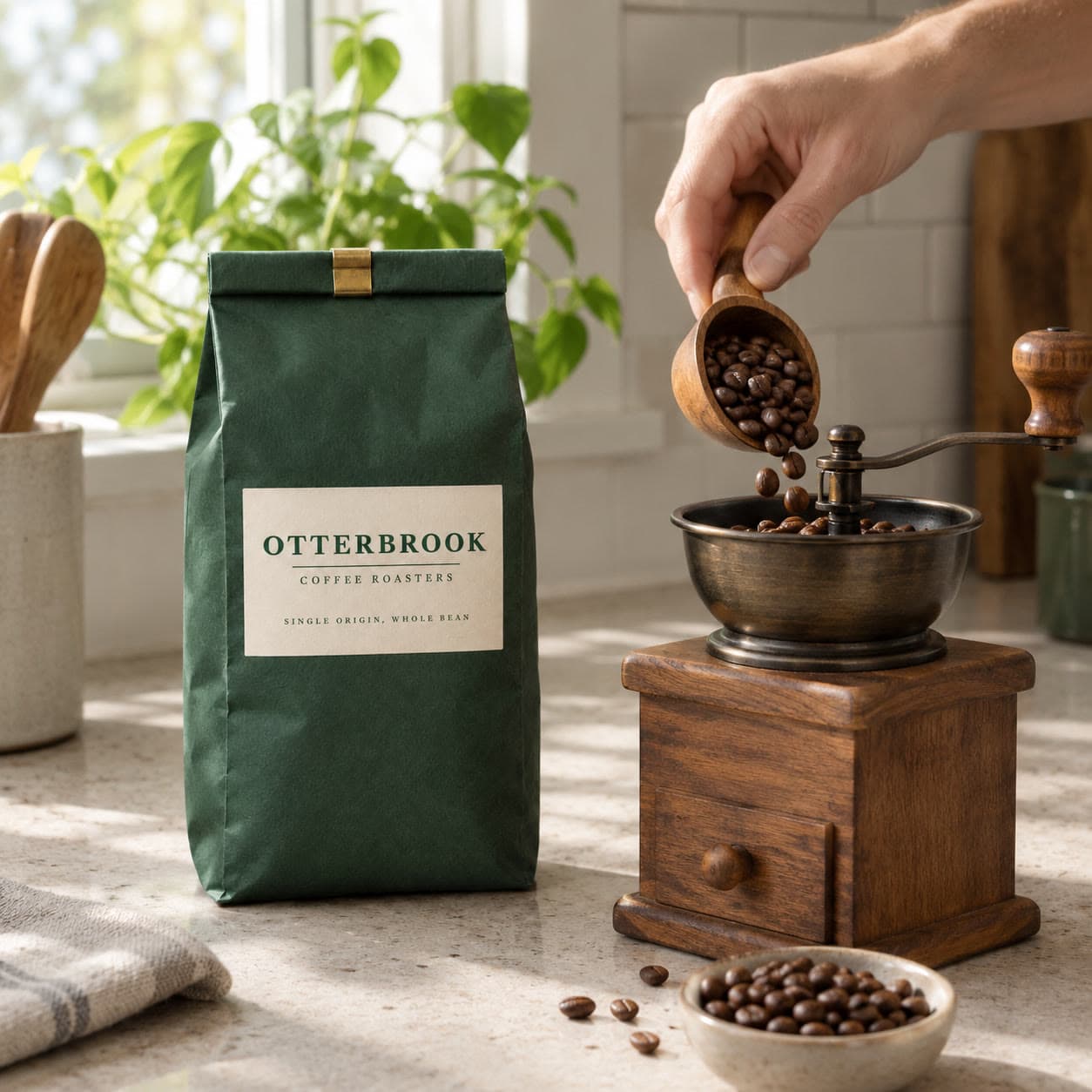 A hand scooping beans from an Otterbrook bag into a wooden hand grinder.