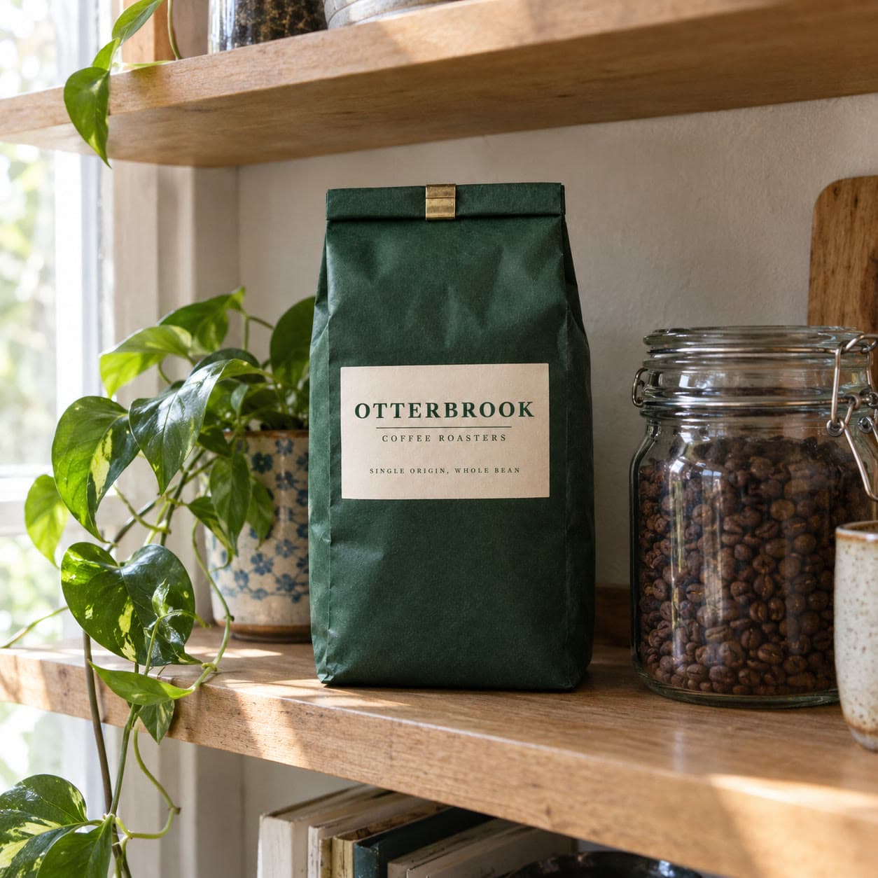 A green Otterbrook bag on an open wooden kitchen shelf beside a jar of beans and a trailing plant.